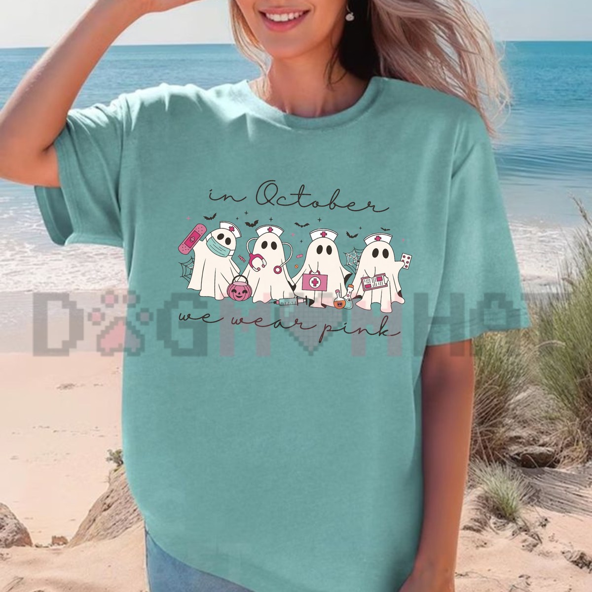 In October We Wear Pink Ghost Nurse Halloween Graphic T-Shirt