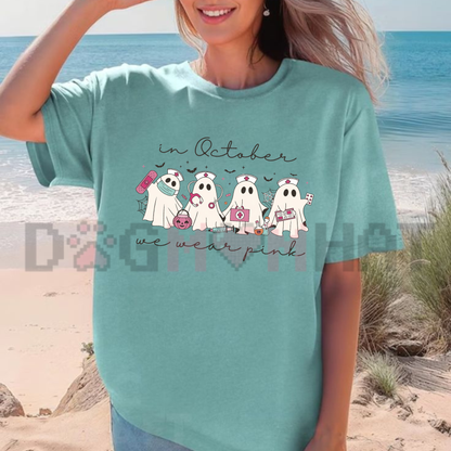 In October We Wear Pink Ghost Nurse Halloween Graphic T-Shirt