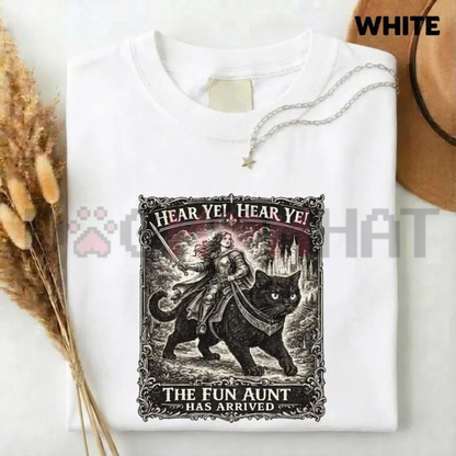 Hear Ye The Fun Aunt Has Arrived Graphic Tee - Funny Knight Riding Black Cat Cotton Unisex T-Shirt