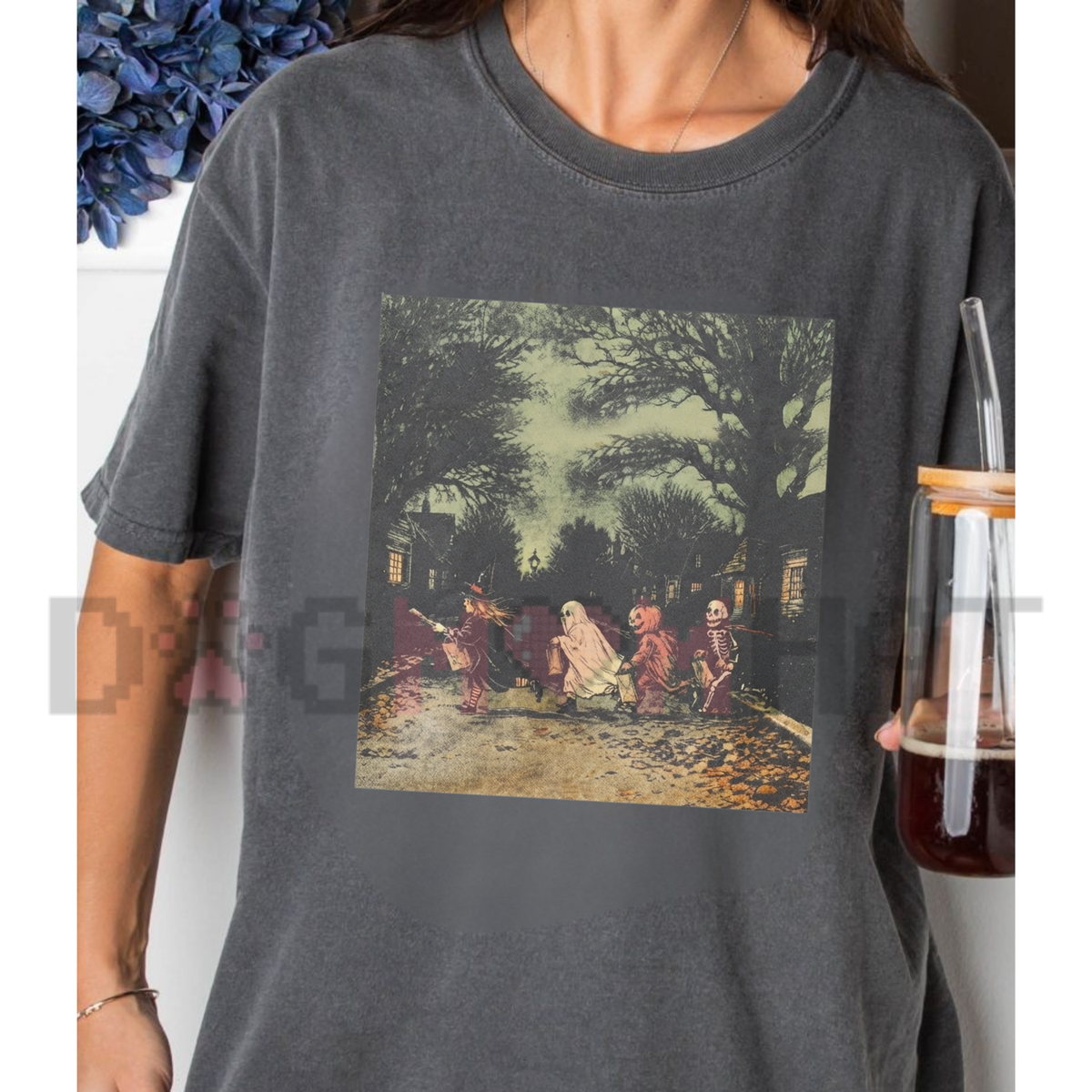"Vintage Gothic Witch Skeleton & Ghost Pumpkin" Dark Fantasy T-Shirt