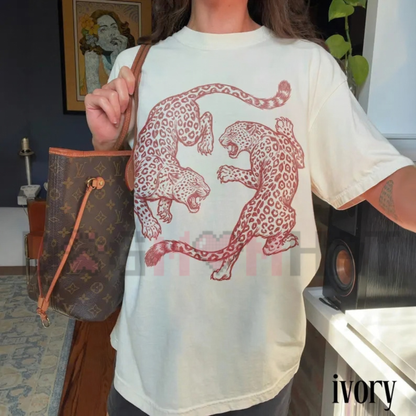 "Vintage Leopard Fighting" Wild Big Cat Engraved Graphic T-Shirt