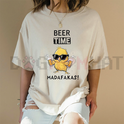Rustic Farm Humor T-Shirt – "Beer Time" Chicken Graphic Tee