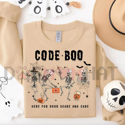 Halloween Nurse Sweatshirt - "Code Boo" Spooky Season Skeleton Crewneck