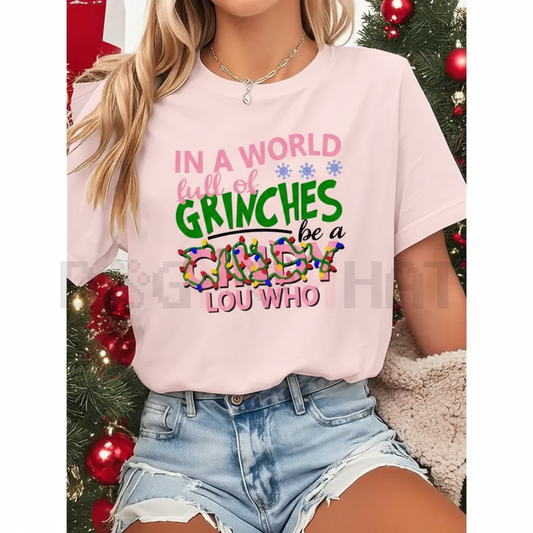"In A World Full Of Grinches Be A Cindy Lou Who" Short Sleeve Top – Pink Letter White Christmas Party Outfit