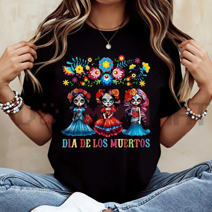 Colorful Floral Sugar Skull Girls Día de los Muertos T-Shirt - Day of the Dead Graphic Tee