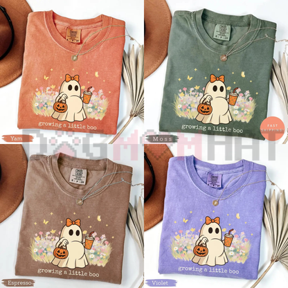 Little Pumpkin Bump Graphic Tee - Growing A Little Boo Halloween Comfort Colors Pregnancy Shirt
