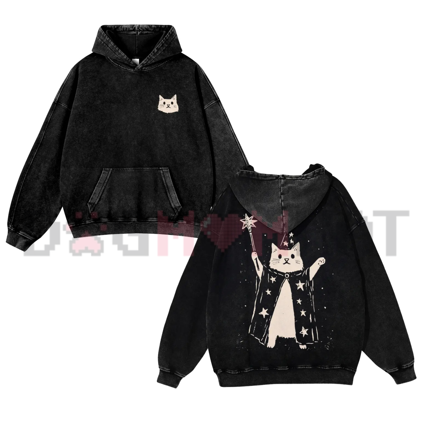 Vintage Washed Heavyweight 380GSM Wizard Cat Hoodie - Oversized Pullover