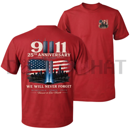911 25th Anniversary Memorial T-Shirt - Patriotic Twin Towers & American Flag Two-Sided Graphic Tee