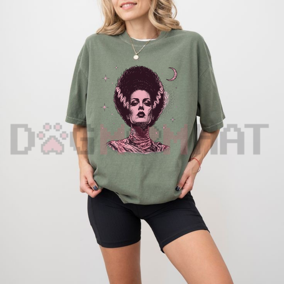 Retro Spooky Celestial Frankenstein & His Bride Front-Print Couple Tee