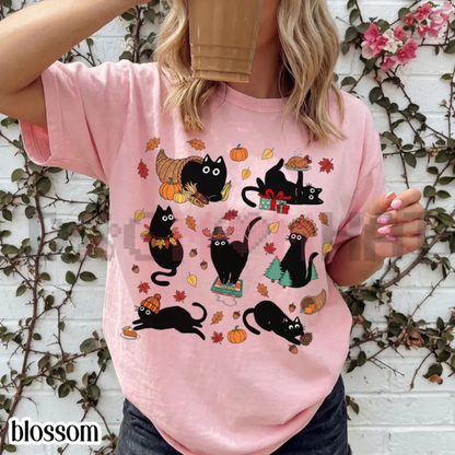 Comfort Colors® Thanksgiving Cat T-Shirt - Retro Black Cat Cozy Autumn Season Tee