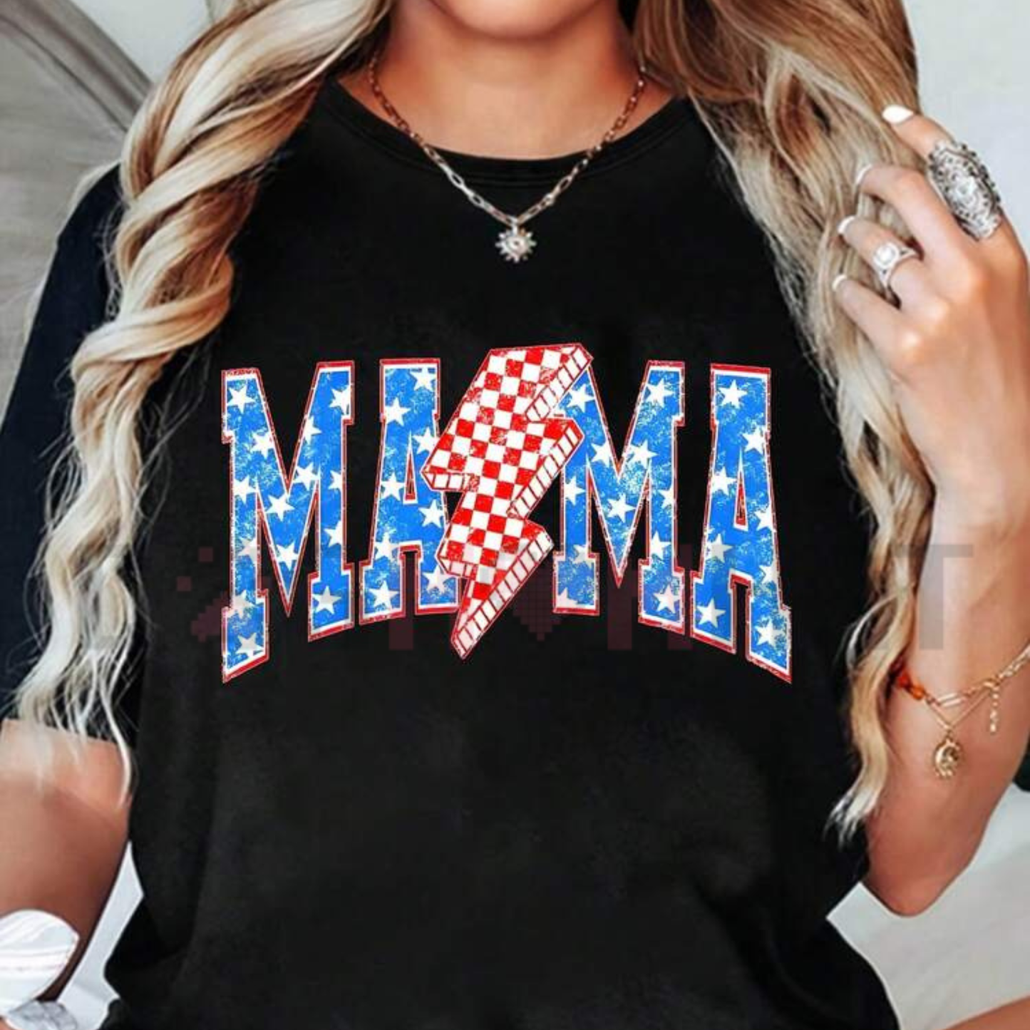 Women's Patriotic Mama Checkered Lightning Bolt Tee