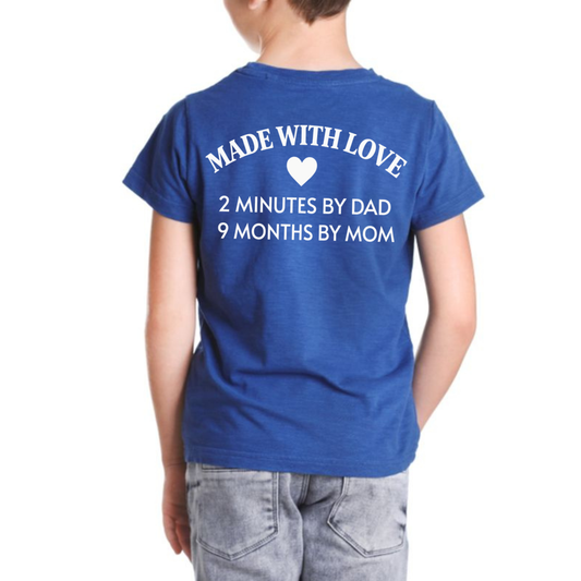 Festive Friction Tee – "Made With Love 2 Minutes By Dad" Funny Sarcastic Dad Humor Graphic T-Shirt
