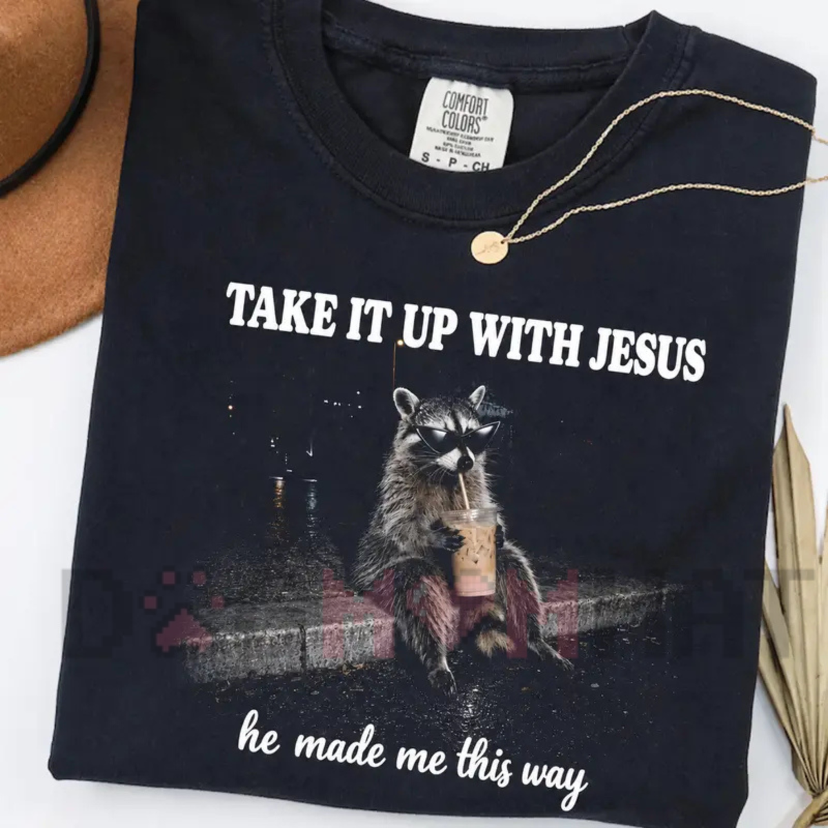 "Take It Up With Jesus" Grunge Raccoon Bubble Tea T-Shirt