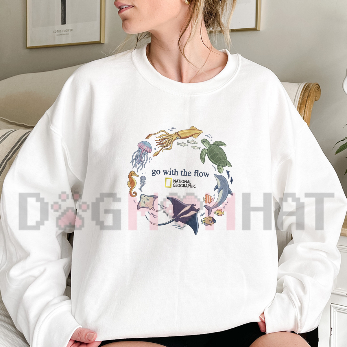 "Go With The Flow Marine Life" Embroidered Graphic Sweatshirt