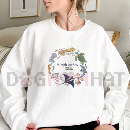 "Go With The Flow Marine Life" Embroidered Graphic Sweatshirt