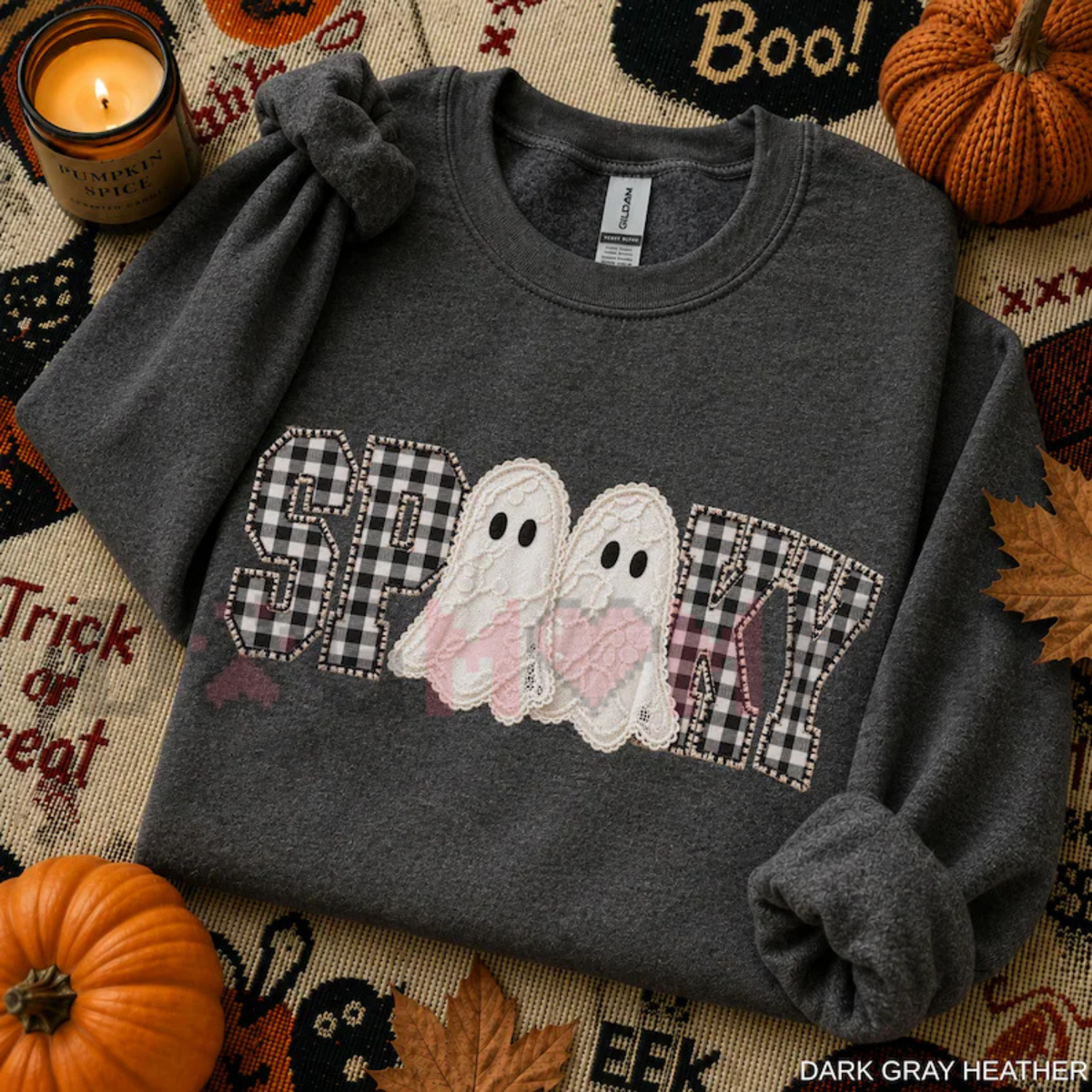 "Gingham Spooky Ghost" Cozy Fall Graphic Sweatshirt