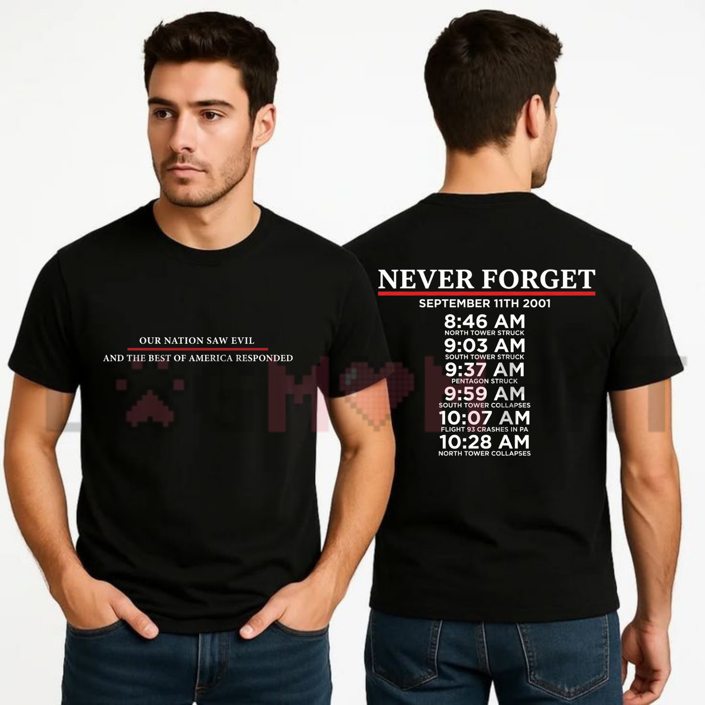 "Never Forget" September 11 Memorial Timeline T-Shirt - Patriotic Remembrance Tee