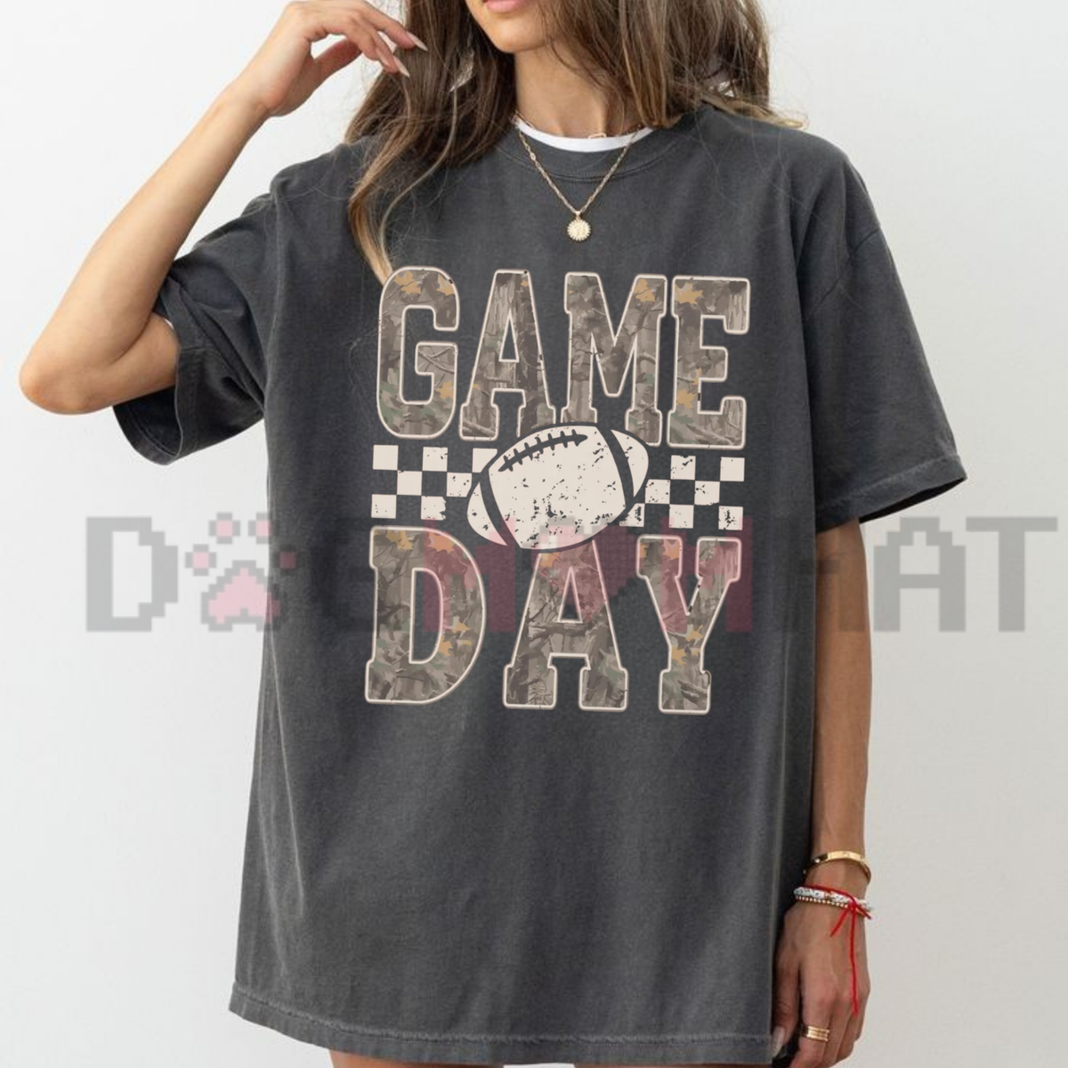 Camo Checkered Football Game Day T-Shirt - Trendy Distressed Tailgate Mom Tee