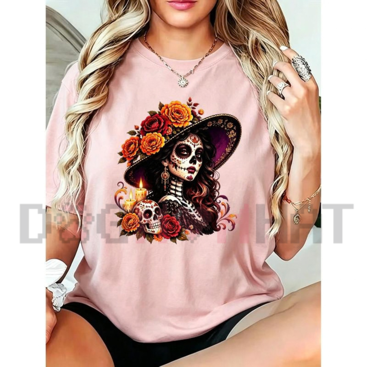 La Catrina Floral Sugar Skull Day of the Dead Graphic T-Shirt