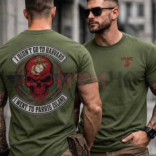 I Didnt Go To Harvard I Went To Parris Island Graphic Tee - Vintage USMC Skull Cotton Unisex Marine Corps Veteran T-Shirt