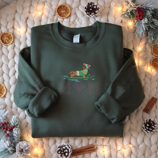 Dachshund on Skis Embroidered Sweatshirt – Funny Christmas Dog Crewneck