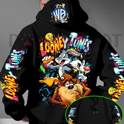 Warner Bros. Men's Looney Tunes Back Print Hoodie - Casual Loose-Fit Streetwear Pullover