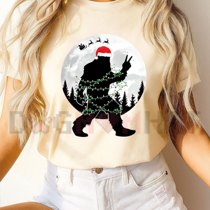 Funny Bigfoot Christmas Light Moon Forest Graphic T-Shirt