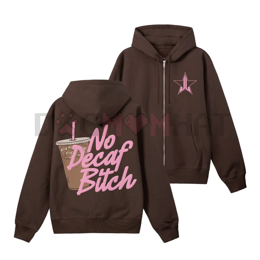 "No Decaf" Brown Zip-Up Hoodie – Coffee Lover Statement