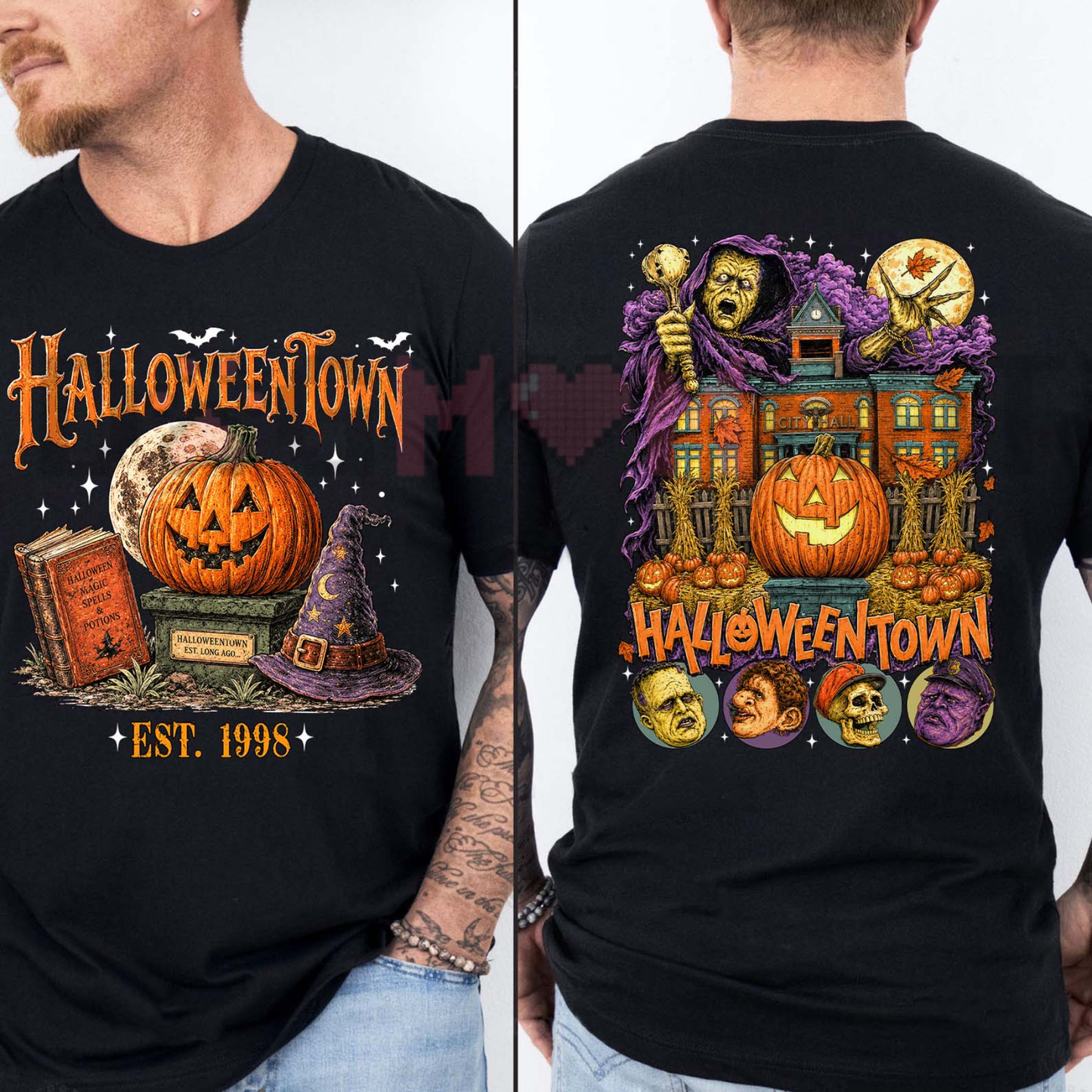 Vintage Pumpkin Witch Double-Sided Washed Tee - 90s Retro Spooky Season Halloween Unisex Graphic T-Shirt