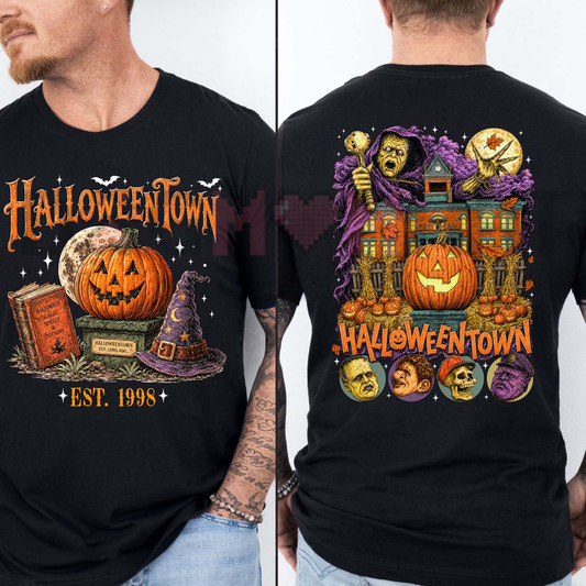 Vintage Pumpkin Witch Double-Sided Washed Tee - 90s Retro Spooky Season Halloween Unisex Graphic T-Shirt