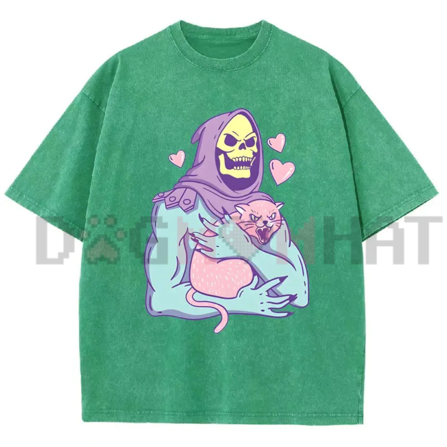 Urban Funny Skull Cat Acid Washed T-Shirt - 80s 90s Retro Streetwear Graphic Tee