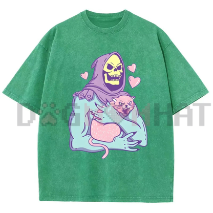 Urban Funny Skull Cat Acid Washed T-Shirt - 80s 90s Retro Streetwear Graphic Tee