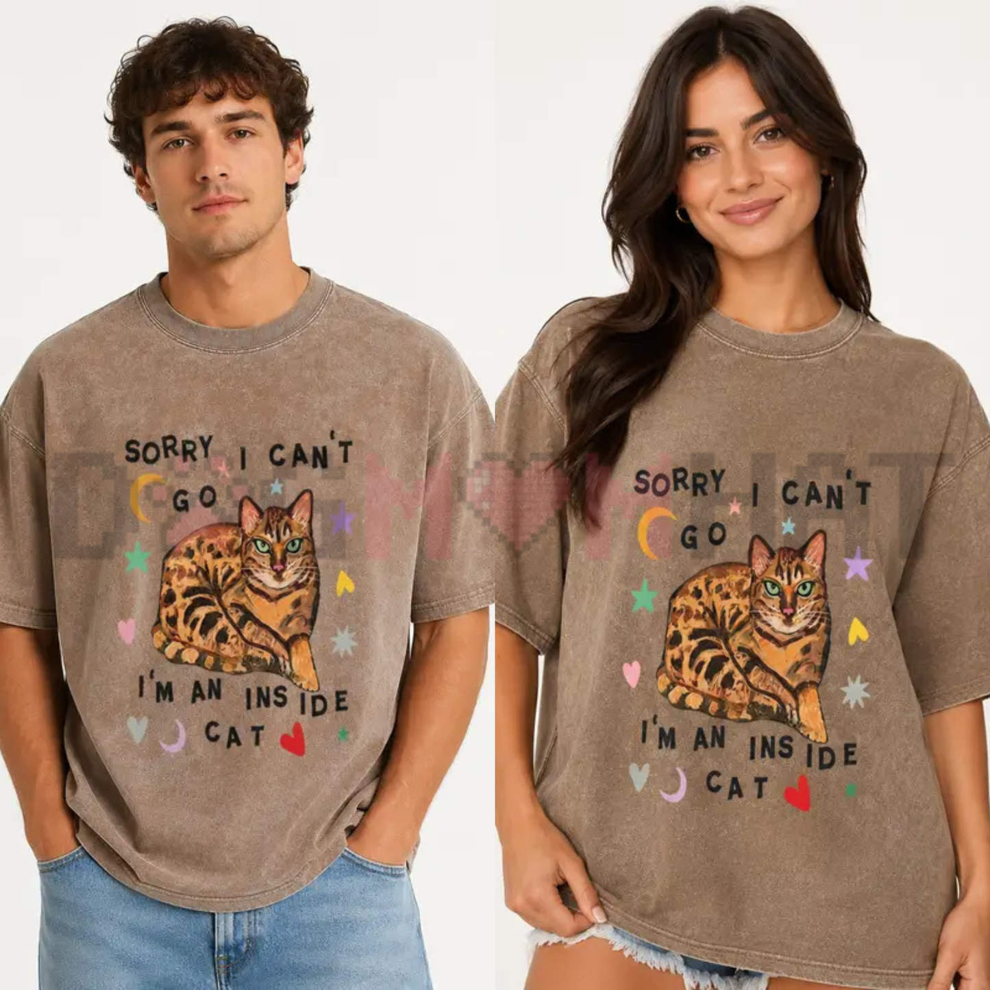 Sorry I Can't Go I'm A Home Cat Graphic Tee - Y2K Vintage Washed Coffee Brown Cotton Unisex Streetwear T-Shirt
