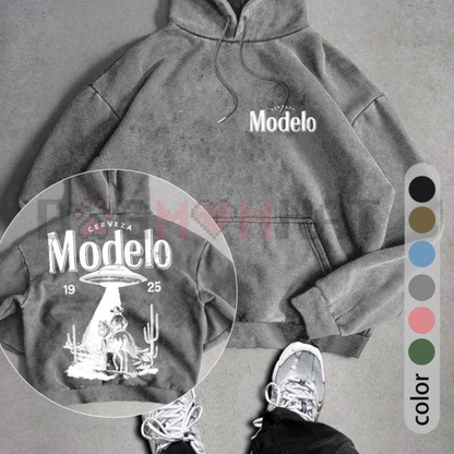 UFO and Western Cowboy Men's Street Retro Style Washed Hooded