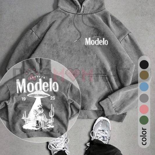 UFO and Western Cowboy Men's Street Retro Style Washed Hooded