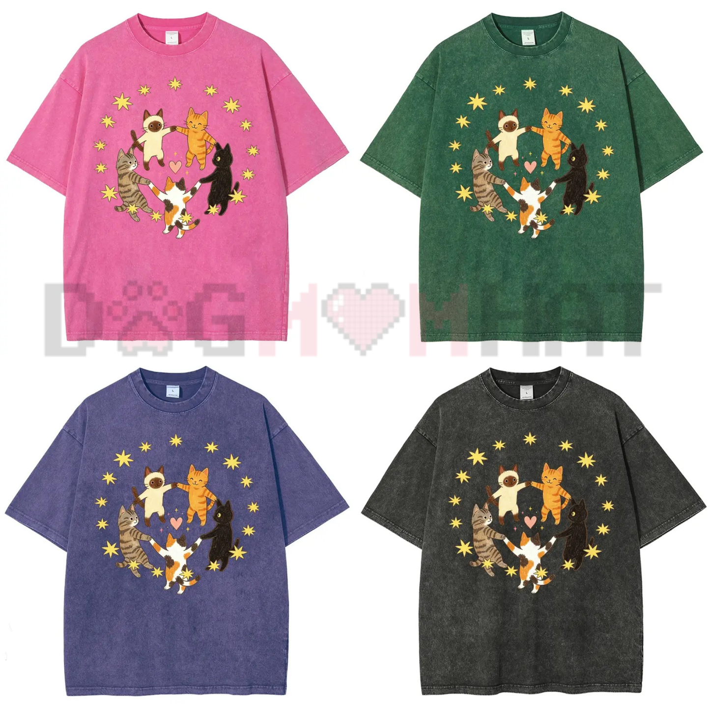 Celestial Feline Circle Vintage Washed Tee - Y2K Cats Holding Hands Star Heart Graphic Cotton Oversized T-Shirt