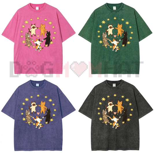 Celestial Feline Circle Vintage Washed Tee - Y2K Cats Holding Hands Star Heart Graphic Cotton Oversized T-Shirt