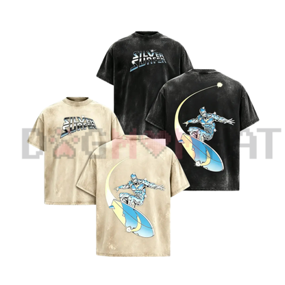 Cosmic Herald Acid Wash Graphic Tee - Silver Surfer Ultra HD Pure Cotton Oversized Streetwear Shirt