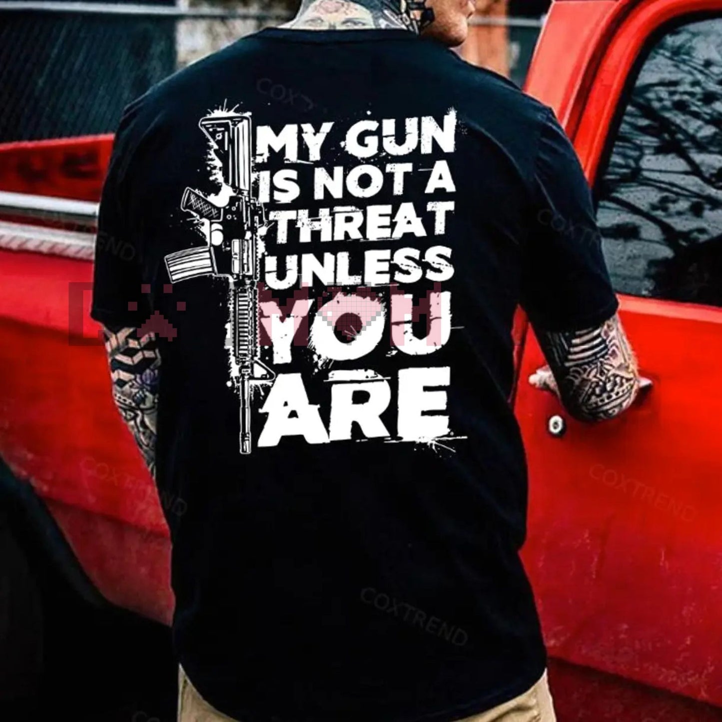 2A 'My Gun Is Not a Threat Unless You Are' Tactical Graphic Tee – Menswear Pro-Gun Rights Shirt, Bold Second Amendment Slogan Apparel