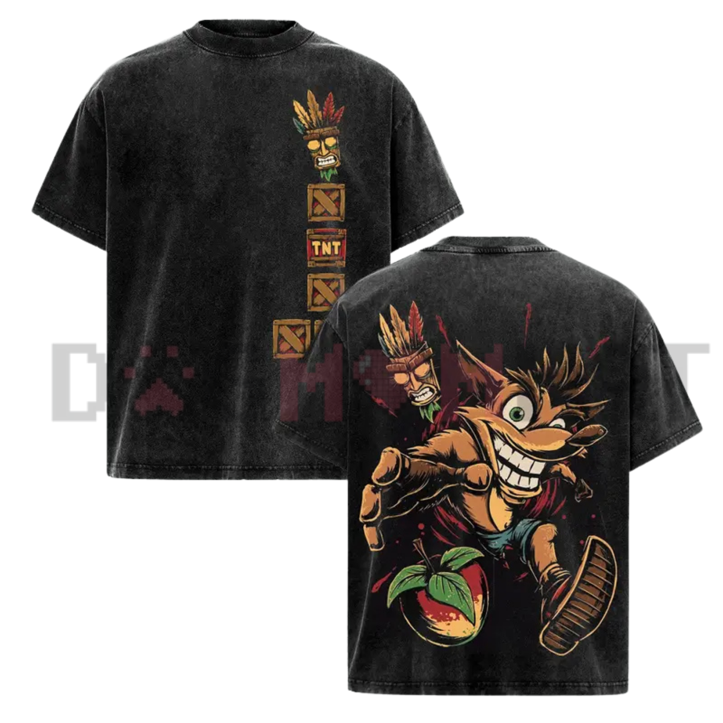 Men's Vintage 90s Crash Bandicoot Oversized Heavyweight Cotton T-Shirt - Aku Aku Mask Graphic Tee