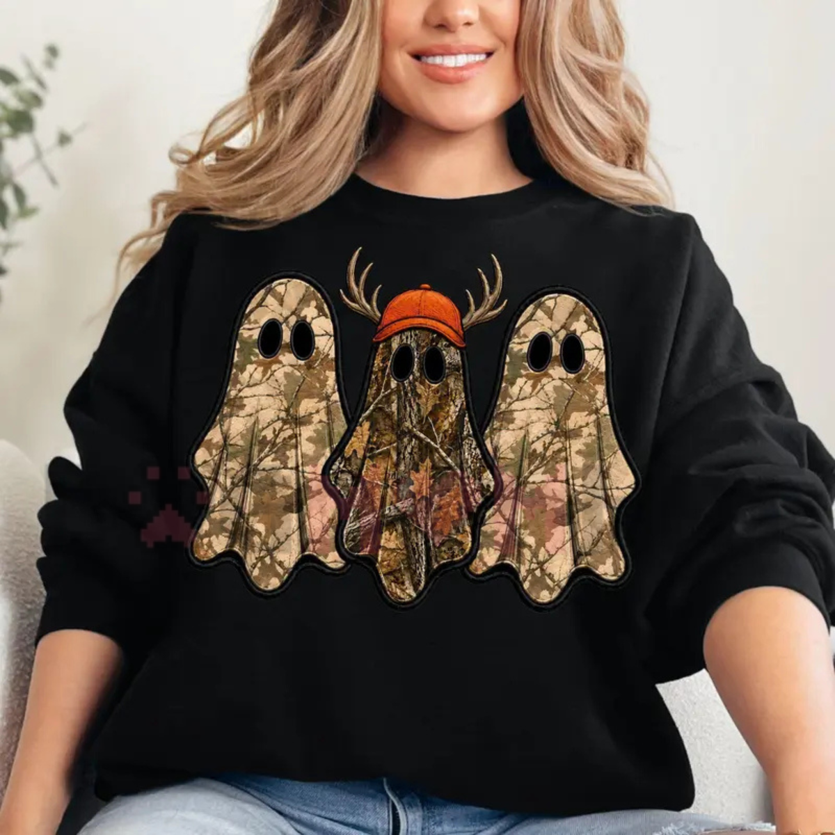 "Retro Ghost Hunting" Camo Graphic Halloween Sweatshirt