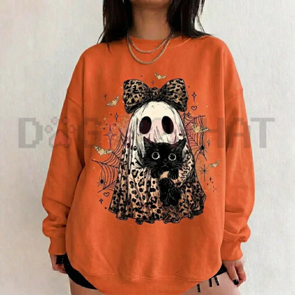 Spooky Leopard Feline Phantom Crewneck - Cute Ghost Cat Pattern Halloween Fleece Pullover Sweatshirt