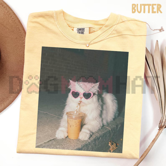 Persian Cat Iced Coffee Graphic Tee - Cute Vintage Cotton Cat Mama Unisex T-Shirt Funny Mother's Day Gift