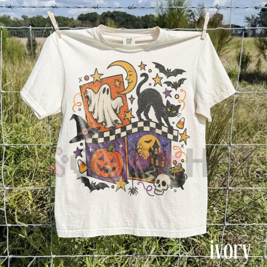 Vintage Halloween Comfort Colors® Black Cat Skull Graphic T-Shirt