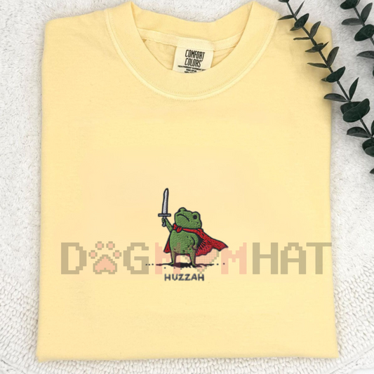 Huzzah Frog with Sword Tee – Embroidered Medieval Frog Shirt