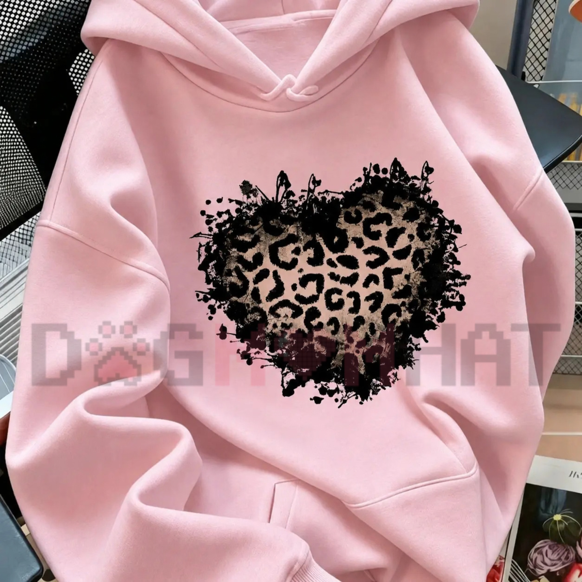 "Vintage Distressed Leopard Print Heart" Graphic Pullover Hoodie