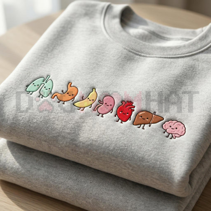 Cute Organ Friends Embroidered Sweatshirt - Minimalist Nurse Anatomy Top