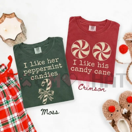 "I Like His Candy Cane & I Like Her Peppermint Candies" Matching Christmas Couples T-Shirts