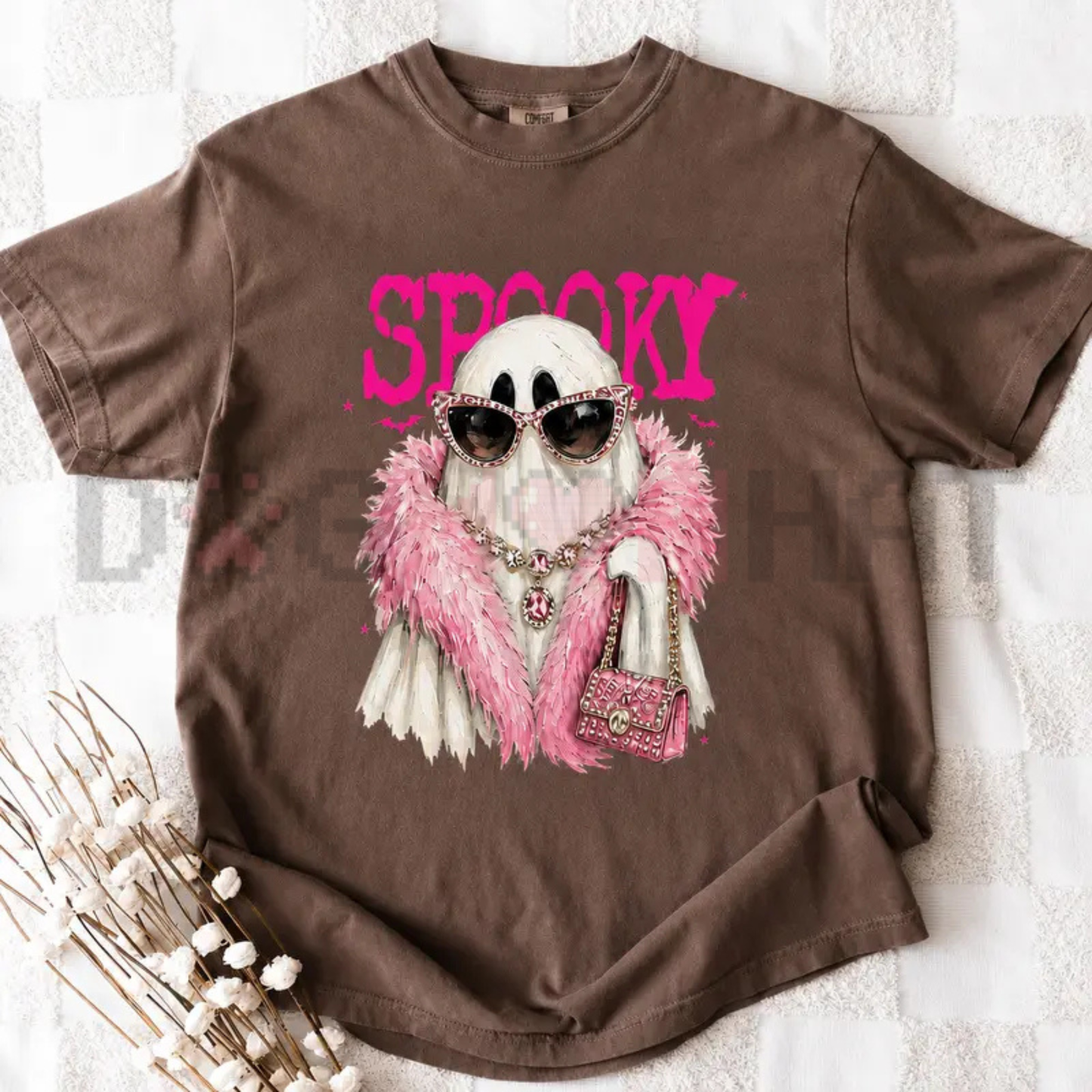 Comfort Colors Spooky Ghost With Boa Shirt - Pink Coquette Halloween Tee