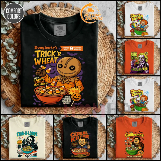 Comfort Halloween Cereal Horror Characters Graphic Shirt – Funny Matching Tee, Horror Movies Spooky Season Fall Vibes Unisex